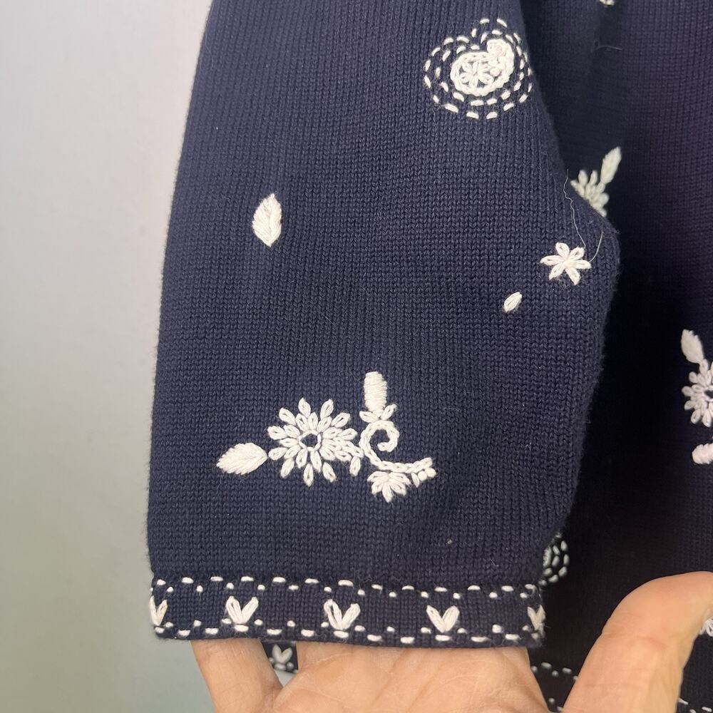 Vintage Talbots Women Cotton Knit Embroidered Full Zip Sweater Floral Sz L Black - Picture 3 of 9